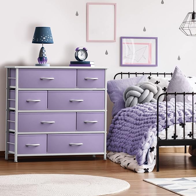 Sorbus Dresser with 8 Drawers - Furniture Storage Chest for Kid’s, Teens, Bedroom, Nursery, Playroom, Clothes, Toys - Steel Frame, Wood Top, Fabric Bins (Purple)