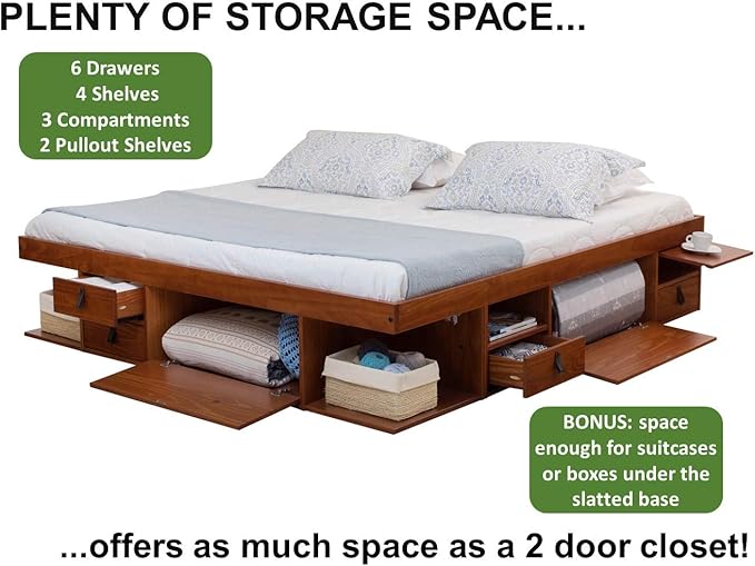 memomad Bali Storage Platform Bed with Drawers (King Size, Caramel Brown Wood)