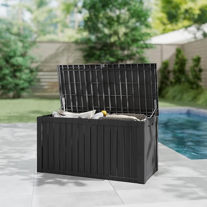 180 Gallon Outdoor Storage Box Waterproof, Resin Deck Boxes with Lockable Lid & UV-Resistant for Patio, Pool, Garden Furniture Cushions & Accessories, Black