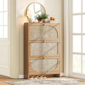 Nicetree Freestanding Ultra Slim Arched Rattan Accent Shoe Storage Cabinet for Entryway - 3 Flip Drawers & 3-Tier Adjustable Shelves, Farmhouse Modern Rustic Shoe Rack for Hallway, Foyer