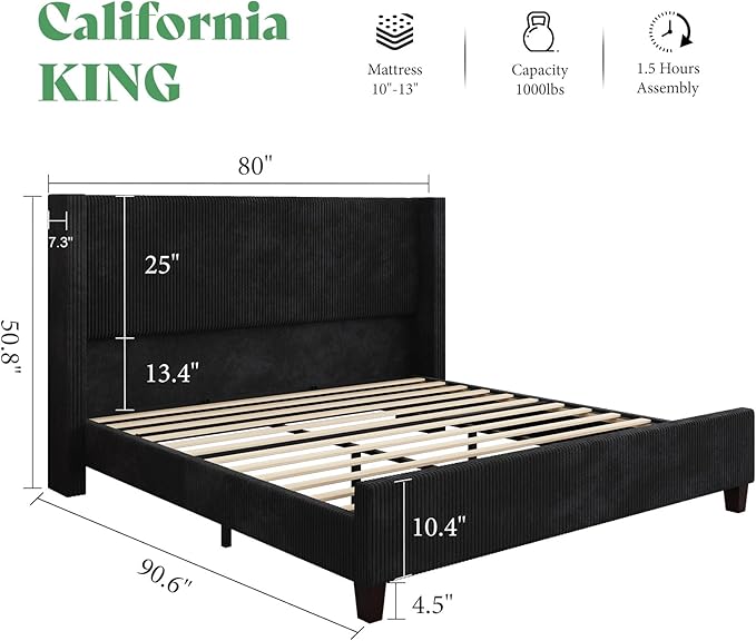 AMERLIFE California King Size Upholstered Bed Frame with 50.8" Tall Headboard, Wingback Platform Bed with Solid Wood Legs, Wooden Slats, Corduroy/No Box Spring Needed/Noise Free/Black