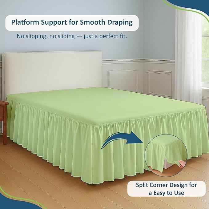Rajlinen Ruffled Bed Skirt Full, 14 Inch Drop Dust Ruffle with Split Corners, 100% Microfiber Bedskirt with Platform, Three-Sided Coverage Ruffled Gathering Design, Sage