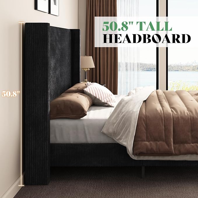 AMERLIFE King Size Upholstered Bed Frame with 50.8" Tall Headboard, Wingback Platform Bed with Solid Wood Legs, Wooden Slats, Corduroy/No Box Spring Needed/Noise Free/Black