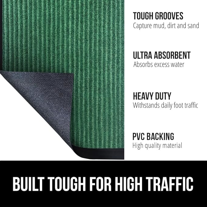 GORILLA GRIP Waterproof Traffic Guard Door Mat, 72x48, Heavy Duty Entryway Mats, Strong Rubber Back Commercial Utility Rugs for Office Hallway, Garage Floor and Home, Low Profile Carpet Runner, Green