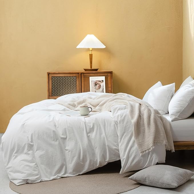 FOSSA Duvet Cover Set 100% Washed Cotton Linen Feel Super Soft Breathable Cozy 3 Pieces Bedding Sets Solid Off White Oversized King