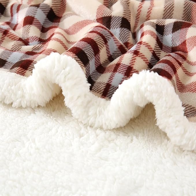 Sherpa Blanket Throw Blanket for Couch Sherpa Fleece Blanket Fluffy Checkered Soft Blanket for All Season Use Cozy Thick Warm Big Throws (Beige-Plaid, 60"*80")
