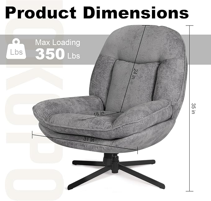 360°Free Swivel Accent Chair Set of 2 for Living Room, Slightly 20°Rocking, 24" High Backrest Upholstered Armchair, Ergonomic Design, Chenille Breathable Soft Fabric Modern Single Sofa, Gray