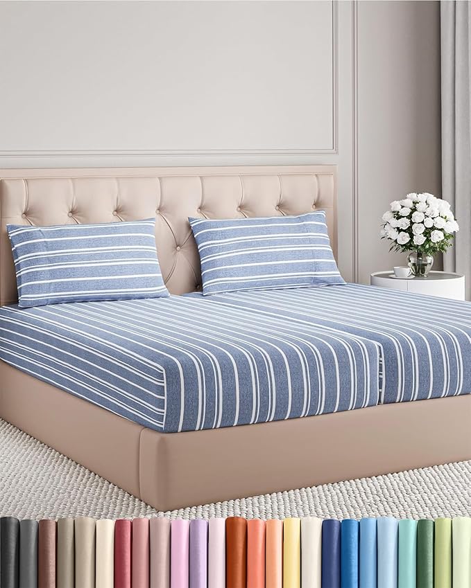 Split King Size 5 Piece Sheet Set - Comfy Breathable & Cooling Bed Sheets Set - Hotel Luxury Bedding for Women, Men, Kids, Teens, Boys & Girls - Deep Pockets & Wrinkle Free - Oeko-Tex - Blue Stripes 3