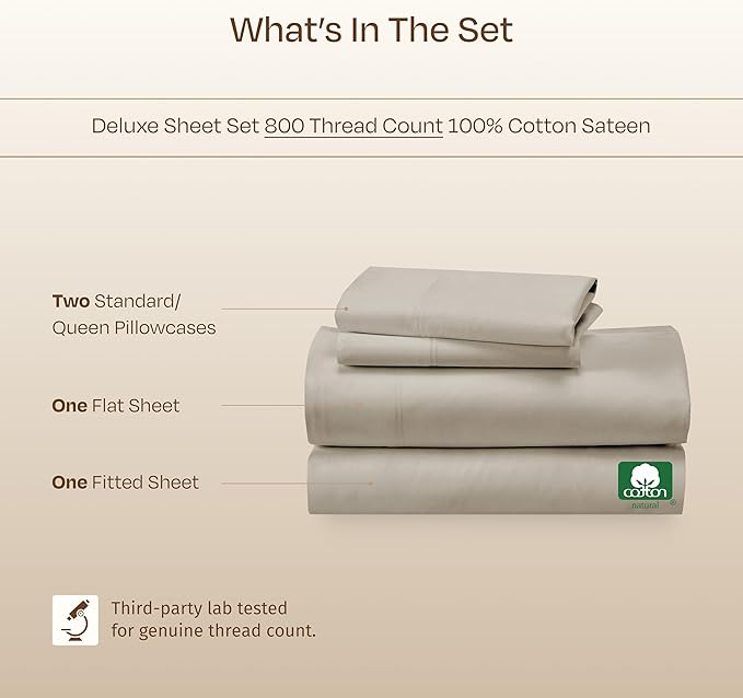 California Design Den Luxury Queen Sheet Set - 800 Thread Count, 100% Cotton Sateen for Queen Size Bed, Bedding Set with Deep Pockets Bedsheets - Beige
