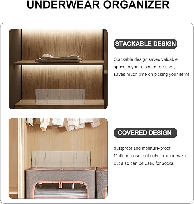 Underwear Organizer Box with 8 Compartments, Socks and Panties Drawer Organizer, Plastic Clothing Storage for Bedroom and Closet Organization