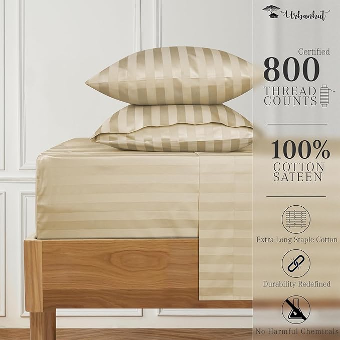 URBANHUT 800 Thread Count 100% Cotton Damask King Size Sheets, 4 Piece Striped King Size Bedsheets, Luxury Hotel Sheets Sateen Weave - Better Than Egyptian, 16" Elasticized Deep Pocket- Sand