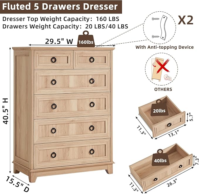 Farmhouse 6 Drawer Dresser for Bedroom, 41" Tall Small Dressers & Chest of Drawers, Rustic Wood Dresser with Metal Handle, Storage Organizer Closet for Living Room, Hallway, Entryway
