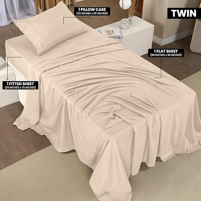 Utopia Bedding Twin Sheet Set – 3 Piece Bed Sheets for Twin Size Bed, Soft and Breathable Microfiber, Includes 1 Fitted Sheet, 1 Flat Sheet and 1 Pillowcase (Beige)