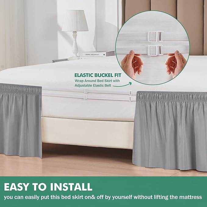 Biscaynebay Wrap Around Bed Skirts with Split Corners for King Beds 16" Drop, Silver Grey Elastic Dust Ruffles Adjustable Easy Fit Wrinkle & Fade Resistant Silky Luxurious Fabric Machine Washable