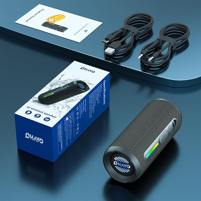 OHAYO Portable Bluetooth Speaker - IPX7 Waterproof, Wireless Stereo Pairing, 25-Hour Playtime, 24W Loud Sound, Bluetooth 5.3, Bass Boost, LED Lights, for Home/Shower/Outdoor/Beach/Travel, Gift Ideas