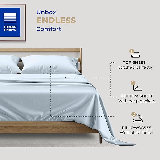 THREAD SPREAD Cotton Full Size Sheet Sets - 400 Thread Count 4 PC 100% Cotton Bed Sheets, 16” Deep Pocket Full Size Sheets Cotton, Extra Soft, Cooling Full Sheet Set, Luxury Hotel Sheets (Light Blue)