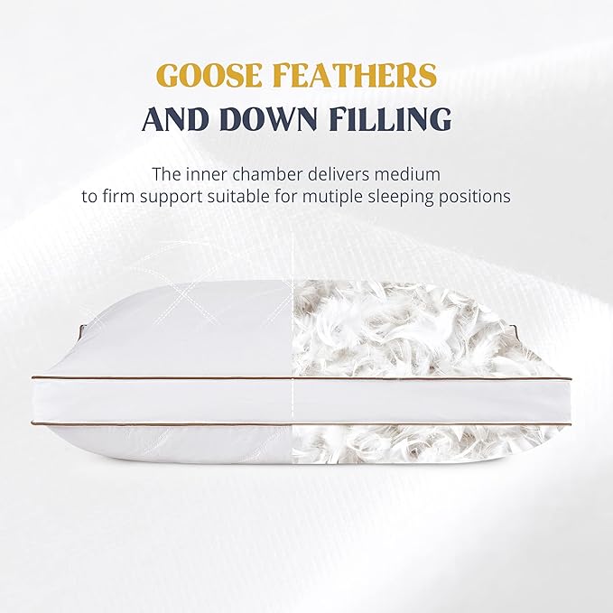 puredown® Goose Feathers and Down Pillow for Sleeping Hotel Collection Bed Pillows, Gusseted, King, Set of 2