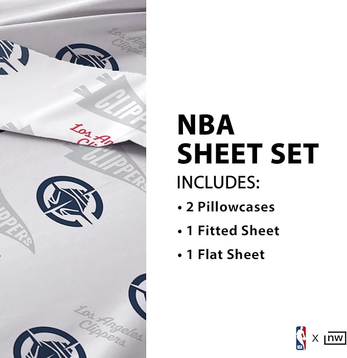 Northwest Officially Licensed Los Angeles Clippers NBA Queen Size Sheet Set – Soft Team Logo Bedding for Dorms, Bedrooms, Fan Caves & Game Day Style