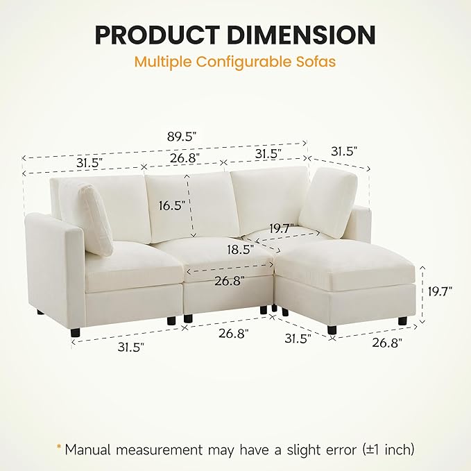 89'' 3-Seater Modular Sectional Cloud Sofa with Ottoman, L-Shaped Couch for Living Room, Modern Convertible Deep Seats Sofa, Chenille Beige