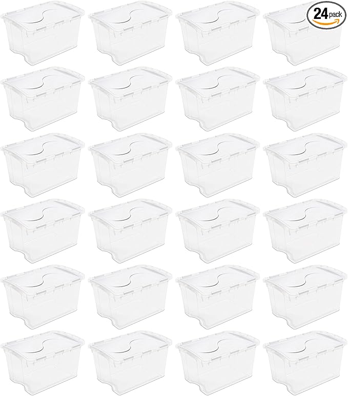 Sterilite 48 Qt Hinged Lid Storage Box, Stackable Bin with Lid, Plastic Container to Organize Home, Office, Basement, Clear with White Lid, 24-Pack
