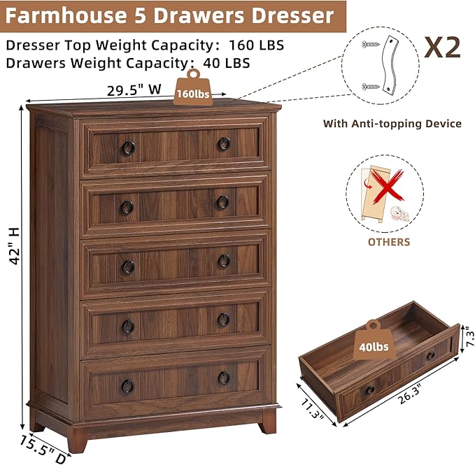 Farmhouse 5 Drawer Dresser for Bedroom Set of 2, 42.5" Tall Small Dressers & Chest of Drawers, Rustic Wood Dresser with Metal Handle, Storage Organizer Closet for Living Room, Hallway,Entryway