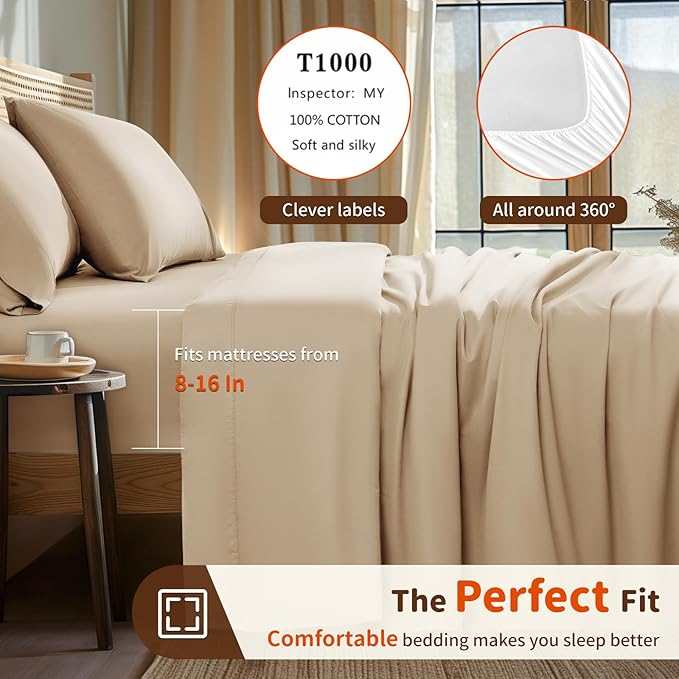 LBRO2M 1000 Thread Count 100% Egyptian Cotton Sheets Set Twin XL, 3 Piece Sets Bed Sheet Deep Pocket Sheet Set 16" Soft Comfortable All Season(Twin XL, Cream)