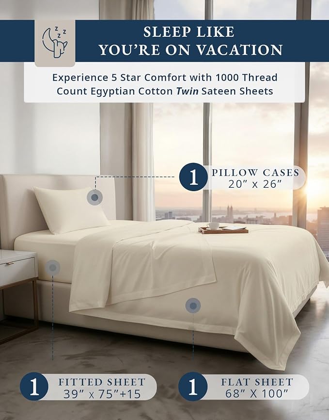 LANE LINEN 100% Egyptian Cotton Twin Bed Sheets - 1000 Thread Count, Eco Friendly Naturally Cooling Sheets, Soft & Comfy Sateen Weave for Silky Smooth Finish, Available in Variety of Color - Ivory