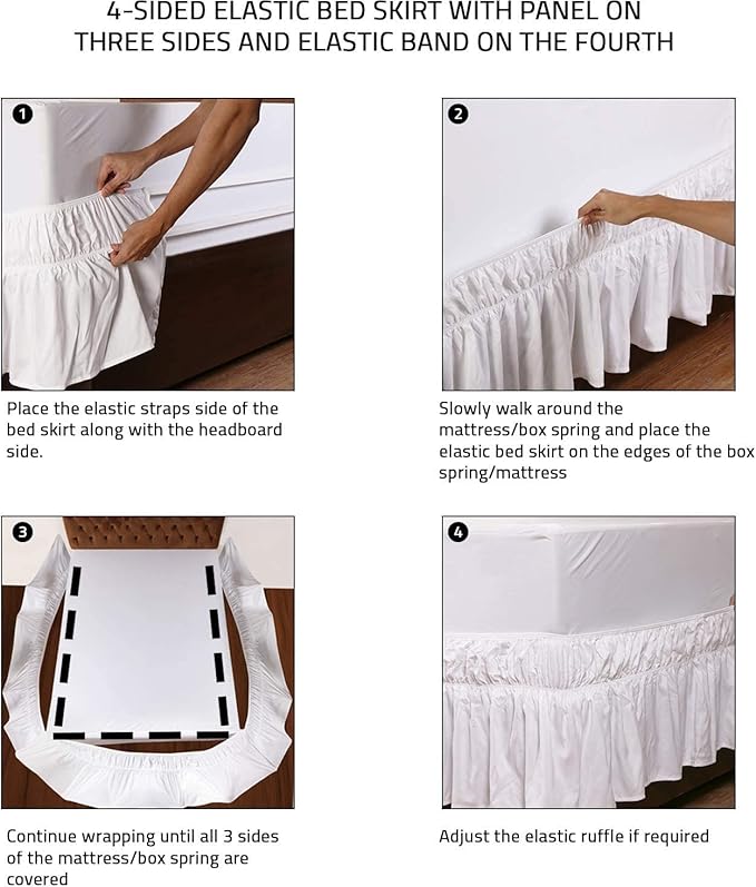MEILA Wrap Around Bed Skirt Three Fabric Sides Elastic Dust Ruffled 18 Inch Tailored Drop,Easy to Install Fade Resistant-White, Twin/Full