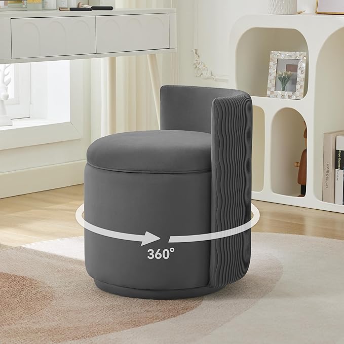 Velvet Vanity Chair with Storage, 360° Swivel Makeup Chair with Wave Back, No Assembly Small Accent Stool for Bedroom, Dressing, Living Room, Grey