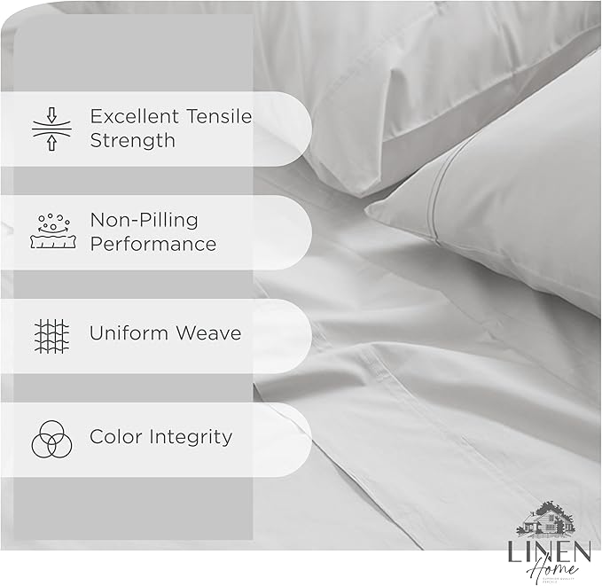 Linen Home 100% Cotton Percale Sheet Set Pack of 2, Queen Size, Silver, Deep Pocket, 8 Pieces Set - 2 Flat, 2 Deep Pocket Fitted Sheet and 4 Pillowcases, Crisp Cool and Strong Bed Linen