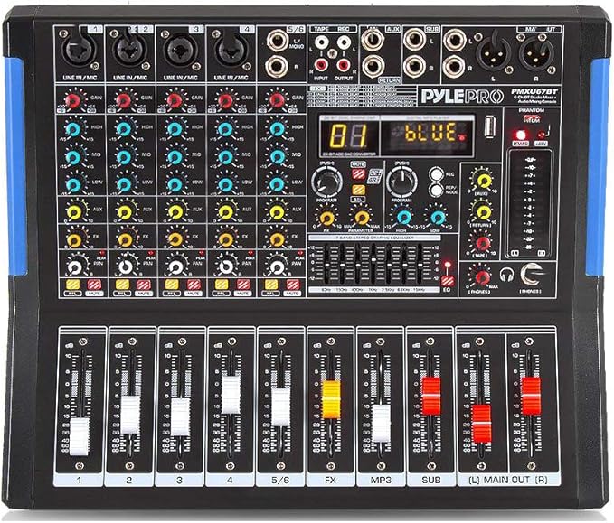 Pyle 6-Channel Bluetooth Studio Audio Mixer - DJ Controller w/ USB Drive - XLR Mic Input - +48V Phantom Power - 16 DSP Effects - MP3/WAV Playback - For Professional & Beginner Use - PMXU67BT