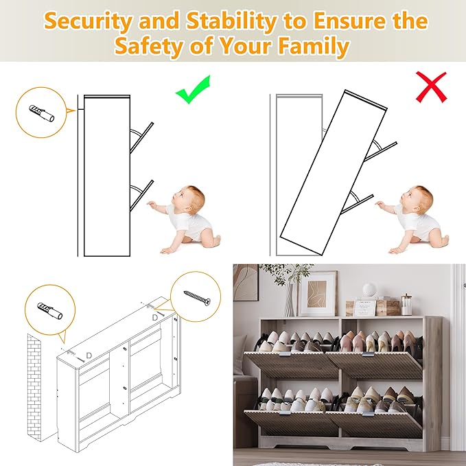 Large Shoe Cabinet for Entryway, Shoe Rack Cabinet with 4 Flip Drawer and Adjustable Shelves for Small Apartment, Foyer
