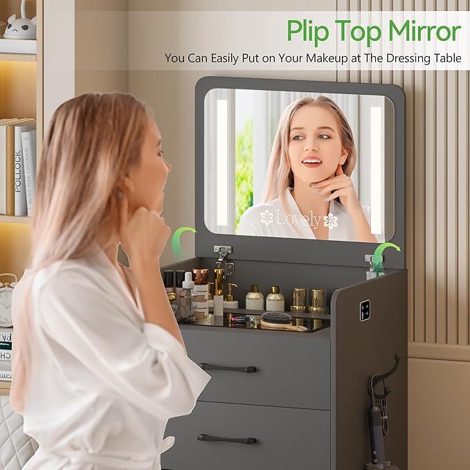 HNEBC 3 in 1 Vanity Desk with Plip Top LED Mirror,Small Dressing Table Set with Visible Glass Desktop,Compact Vanity with 3 Drawers,Storage Compartment and Padded Stool,for Bedroom(Grey)