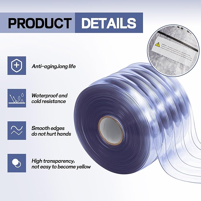 Moukeren Plastic Door Curtain for Winter 82 ft x 8 Inch Thermal Insulated Garage Door Strip Curtains Smooth Waterproof Clear PVC Strip Curtain for Warehouse Freezer Garage, 0.08" Thickness(Striped)