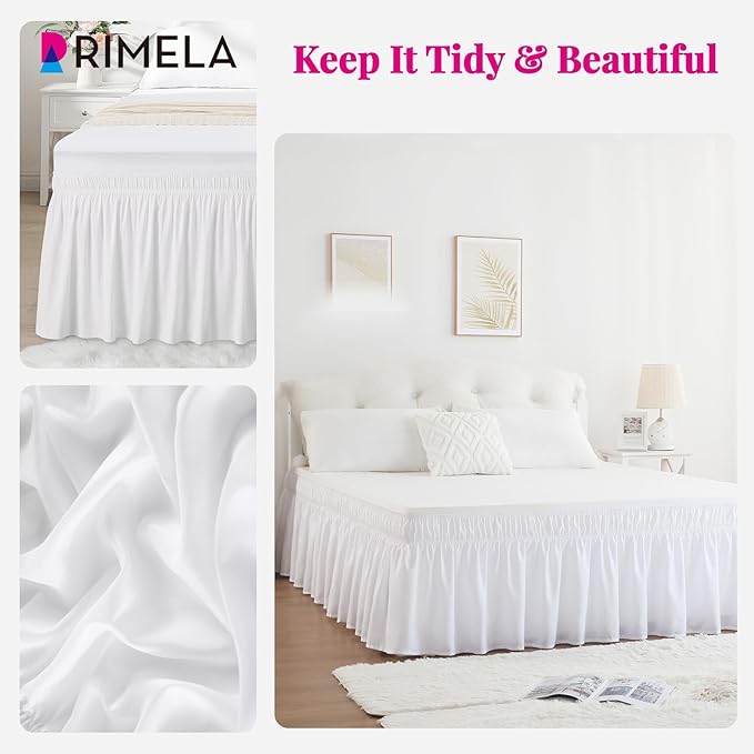 RIMELA White Bed Skirt King Size 15 Inch Drop, Elastic Bed Skirting for Bed Base and Frame, Bedding Dust Ruffle, Lightweight Wrap Around Adjustable Bedskirt, Cal King