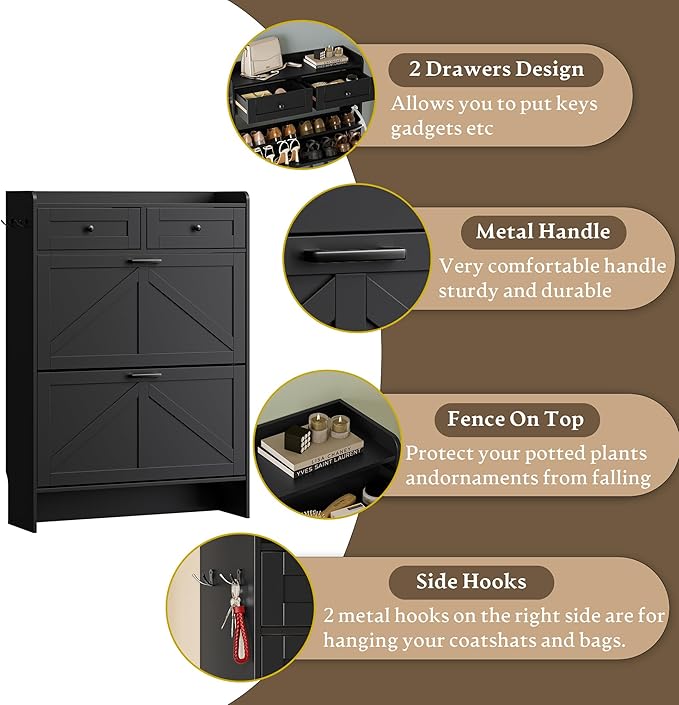 Shoe Storage Cabinet for Entryway, Farmhouse Narrow Shoe Cabinet with 2 Flip Drawers & Top Drawers, Adjustable Shelves & Hooks, Freestanding Hidden Rack Organizer for Hallway, Foyer