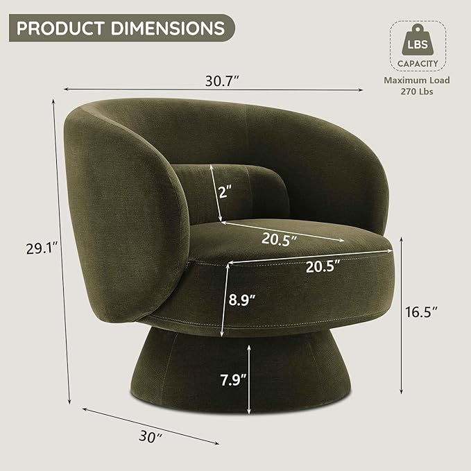 Swivel Accent Chair, Modern 360 Degree Swivel Barrel Chair with Arms & Curved Back and Lumbar Support Cushion, Comfy Round Single Sofa for Small Space, Living Room, Bedroom, Olive Rayon