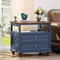 Farmhouse Nightstand with Charging Station, 24" Wide End Table with 2 Drawers, Blue Dresser for Bedroom, Bed Side Table Chest of Drawers Cabinet,Wood Night Stand for Living Room, Closet