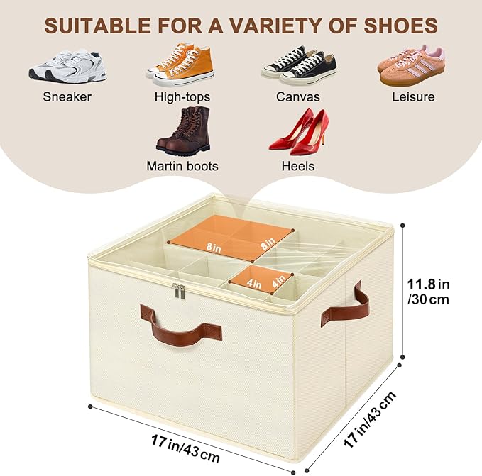 Shoe Organizer for Closet, Foldable Shoe Storage Box with Clear Top Lid, 3 Leather Handles, Adjustable Dividers, Fits 8-16 Pairs, Stackable Shoe Bin for Bedroom (Beige, 2 PCS/16.9*11.8*1.57 inch)