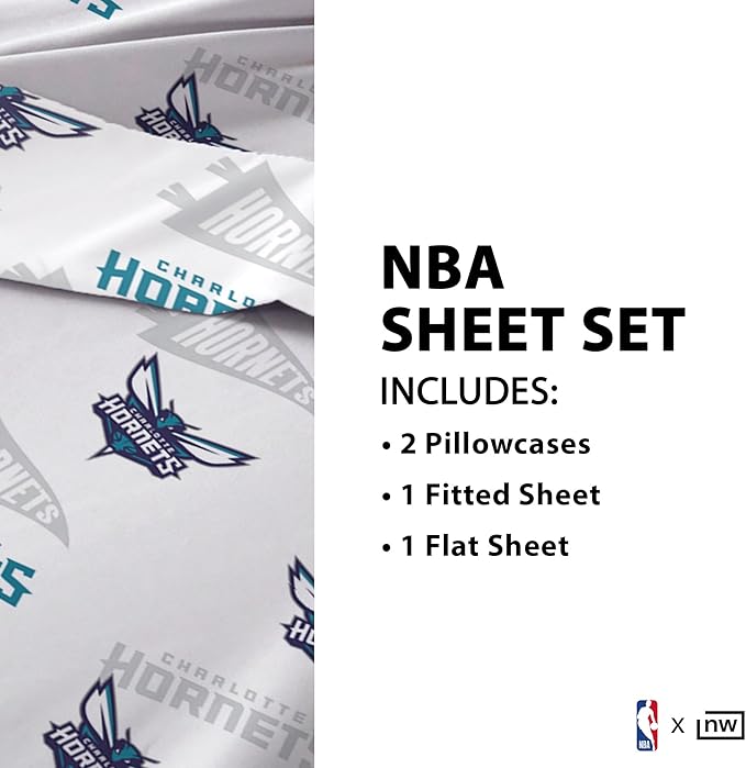 Northwest Officially Licensed Charlotte Hotnets NBA Queen Size Sheet Set – Soft Team Logo Bedding for Dorms, Bedrooms, Fan Caves & Game Day Style