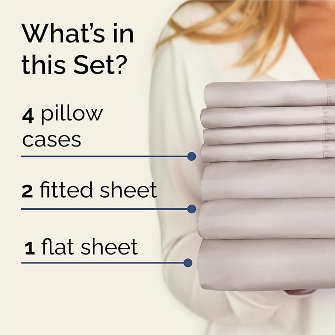 Split King 7 Piece Sheet Set - Cooling & Breathable - Hotel Luxury Bedding, Includes Fitted Sheets for Women, Men, Kids & Teens - 1 Flat, 2 Fitted Sheets, 4 Pillowcases w/Deep Pockets - Light Grey