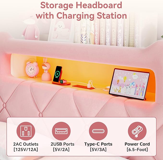 Full Upholstered LED Bed Frame with 2 Storage Drawers and 2-Tier Storage Headboard, Velvet Princess Platform Bed with Charging Station & Bookcase, Heavy Duty Metal Support, No Box Spring Needed, Pink
