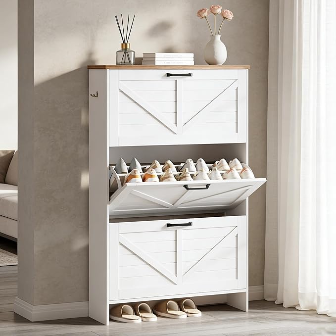 Nicetree Shaker Barn Door Shoe Storage Cabinet for Entryway, 3 Flip Drawers & 3-Tier Adjustable Shelves, Ultra Slim Freestanding, Modern Rustic Brushed White Farmhouse Shoe Rack for Hallway, Foyer