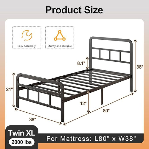12 Inch Twin XL Bed Frames with Headboard and Footboard, No Box Spring Needed, Heavy Duty Metal Mattress Foundation, Noise Free, Easy Assembly, Black