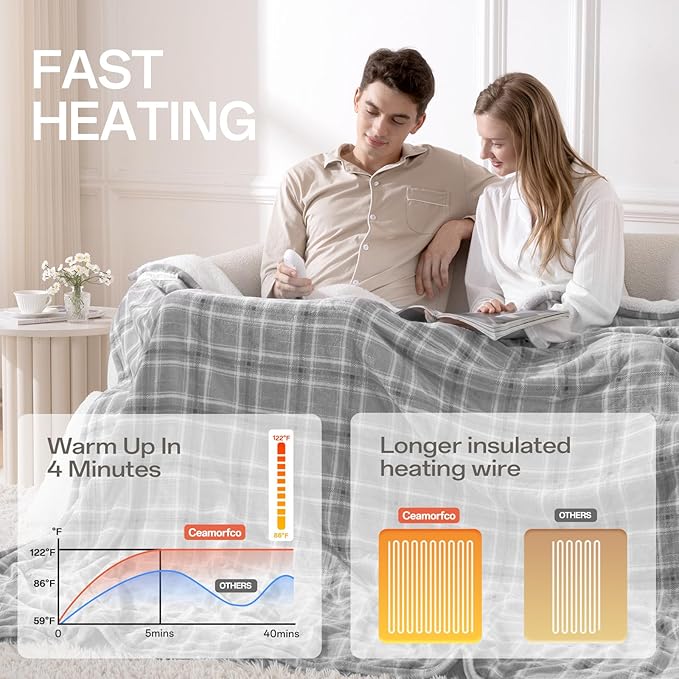 Heated Blanket Full Size, Electric Blanket 72"x84" for Bed with 8 Fast Heating Levels & 10 Hours Auto Shut-Off, Grey Plaid Warm Soft Flannel Blanket Gift for Women Grandma Machine Washable