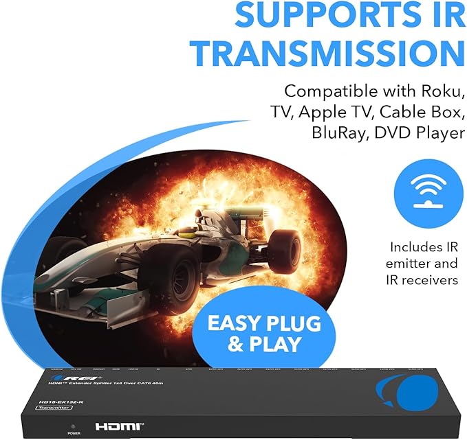 OREI HDMI Extender Splitter 1 in 8 Out Over CAT6/7 Cable 4K@30Hz with EDID Management - Up to 132 Ft - Loop Out - IR Control - Low Latency