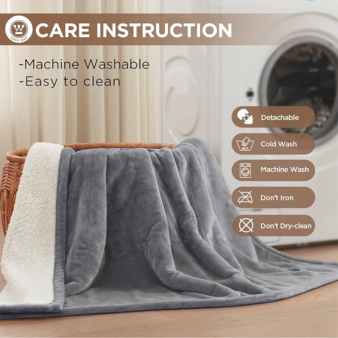 Westinghouse Heated Blanket Twin Size, Soft Flannel to Sherpa Electric Blanket with 10 Heating Levels, 12 Hours Auto Off, Fast Heating, Machine Washable, 62x84 Inch, Light Grey