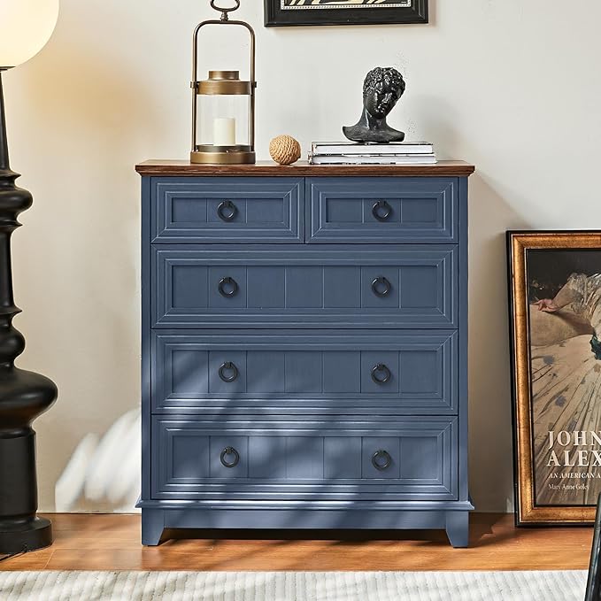 Farmhouse 5 Drawer Dresser for Bedroom Set of 2, 33.2" Tall Small Dressers & Chest of Drawers, Rustic Wood Dresser with Metal Handle, Storage Organizer Closet for Living Room, Hallway,Entryway