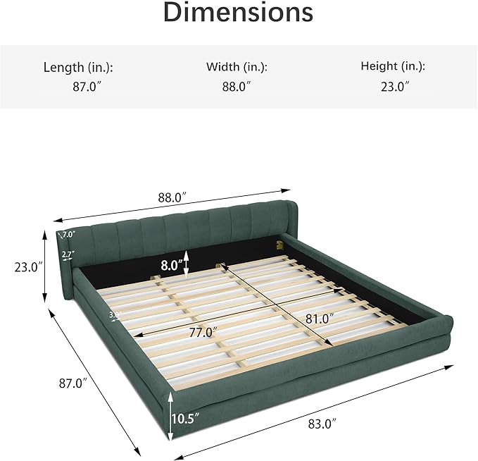 DEINPPA King Size Bed Frame with Cloud Soft Headboard, Chenille Upholstered Grounded Wood Base Bed Frame, No Box Spring Needed-Blue+Green