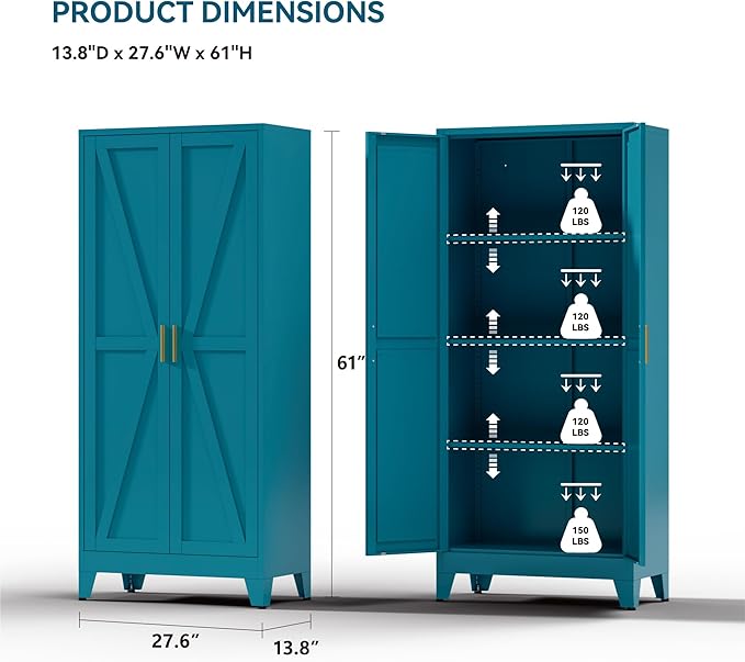 Farmhouse Pantry Cabinet with Barn Doors,61" H x 27.5" W,Metal Cabinet with Adjustable Shelves,4-Tier Storage Cabinet for Kitchen Dining Room Garage,Blue